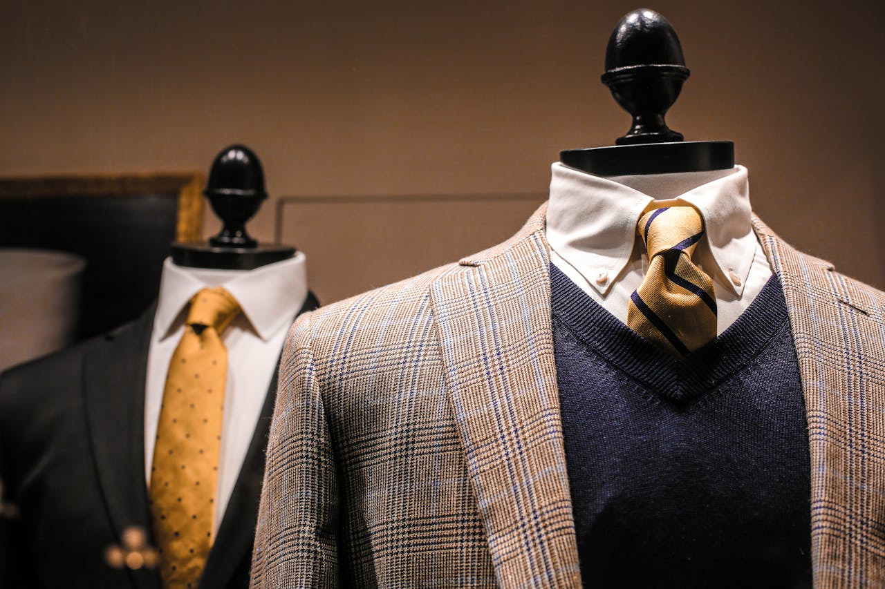 About Dandy fancy jackets with shiny ties on dummies in showroom of contemporary male shop